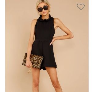 High neck tie back black pocketed romper - small